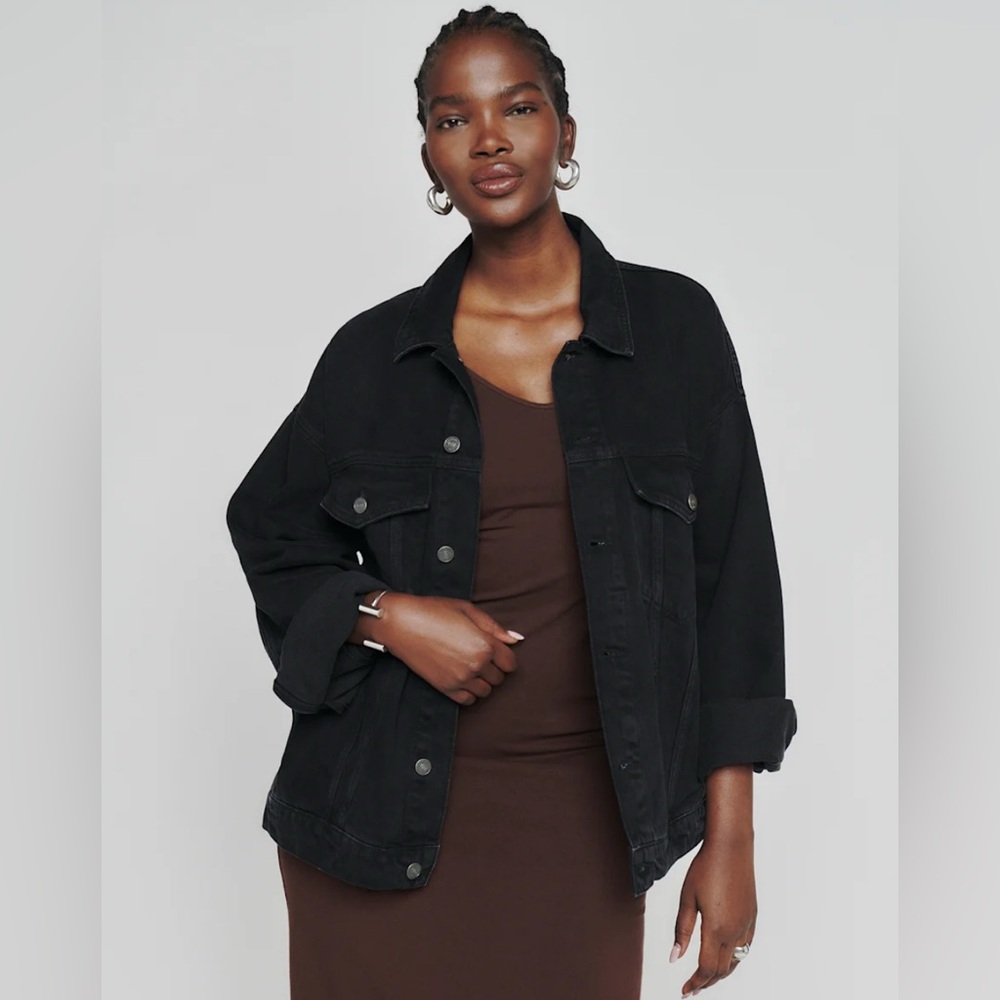 Reformation Simone Oversized Denim Jacket Black Distressed Wash